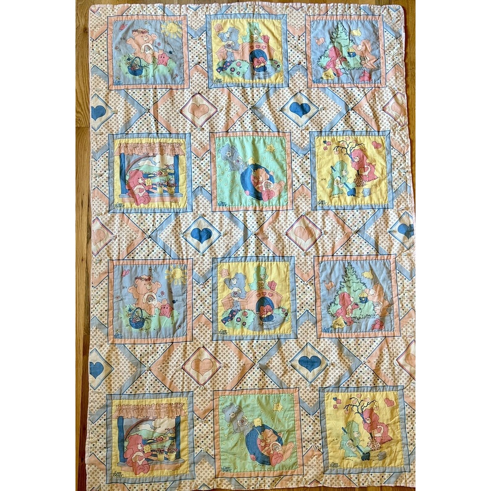 Vintage Care Bears Handmade Quilt Bedspread Twin Bed 45" X 65" Rare Pattern